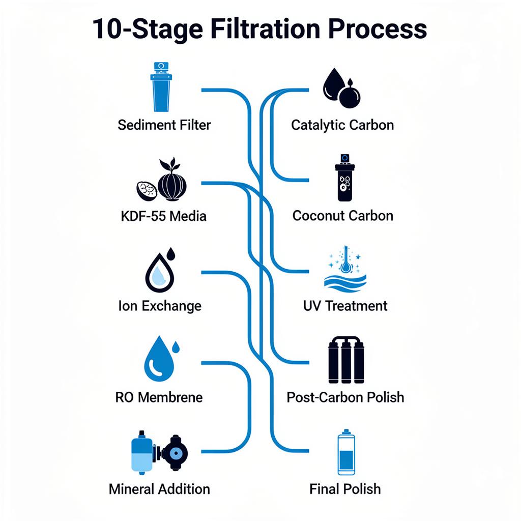 10 Stages of Water Filtration - Visual guide showing each filtration stage