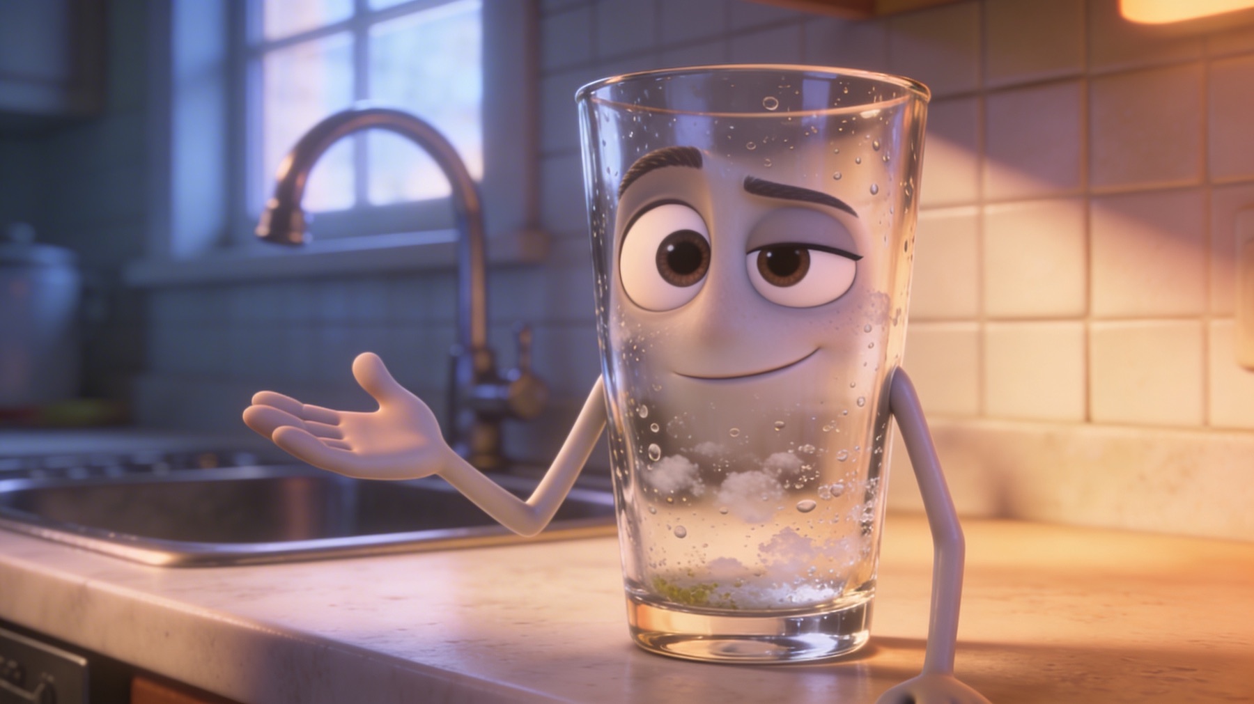 Animated water glass guide in a home kitchen